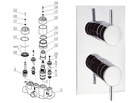 Crosswater Kai Lever thermostatic shower valve - post 2013 (KL1000RC) spares breakdown diagram