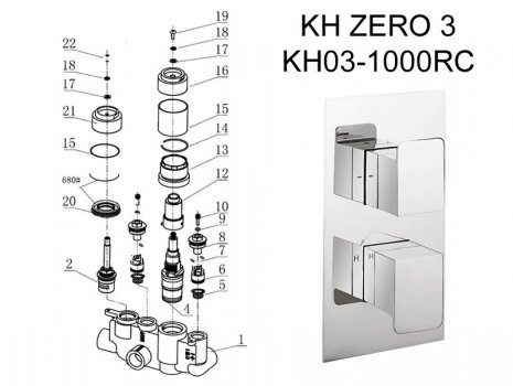Crosswater KH ZERO 3 thermostatic shower valve post 2013 (KH03_1000RC) spares breakdown diagram