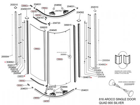 Daryl Aroco 816 Single door Quadrant spares breakdown diagram