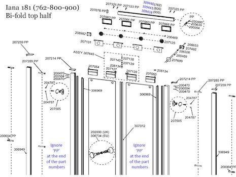 Daryl Iana 181 Bi-fold (762-800-900) top half view spares breakdown diagram