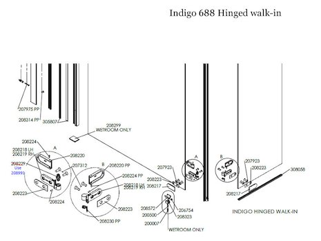 Daryl Indigo 688 Hinged Walk-in door lower half view spares breakdown diagram