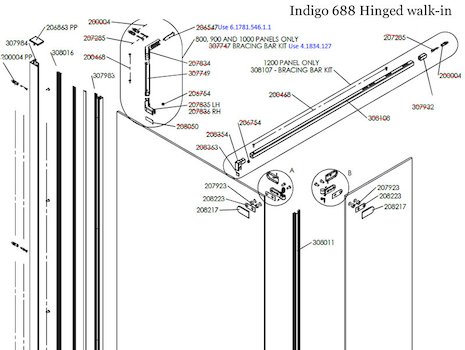 Daryl Indigo 688 Hinged Walk-in door top half view spares breakdown diagram