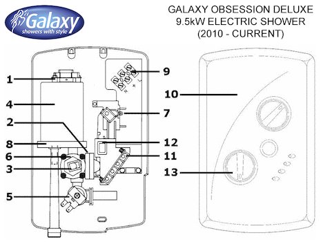 Galaxy Obsession Deluxe 9.5kW Electric Shower (2010 - Current) (53554066) spares breakdown diagram