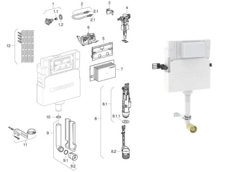 Geberit Alpha concealed cistern 12 cm, 5.8 / 3 litres, installation height 109 cm (109.012.00.1) spares breakdown diagram