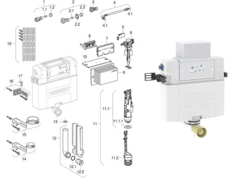 Geberit Alpha Concealed Cistern 12 cm, 5.8 / 3 litres - Installation Height 82cm (109.002.00.1) spares breakdown diagram