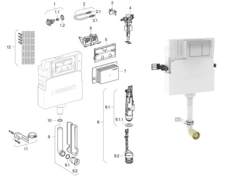 Geberit Alpha Concealed Cistern Installation Height 109 cm, with Alpha01 Flush Plate Square (109.013.21.1) spares breakdown diagram