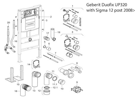 Geberit Duofix with Sigma 12 cistern - post 2008 spares breakdown diagram