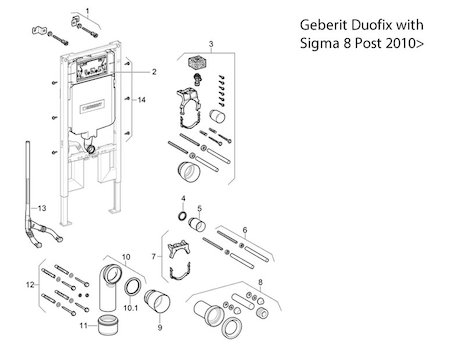 Geberit Duofix with Sigma 8 cistern - post 2010 spares breakdown diagram
