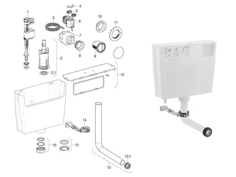 Geberit Low-Height Concealed Cistern - Pneumatic Flush Action (109.721.00.2) spares breakdown diagram