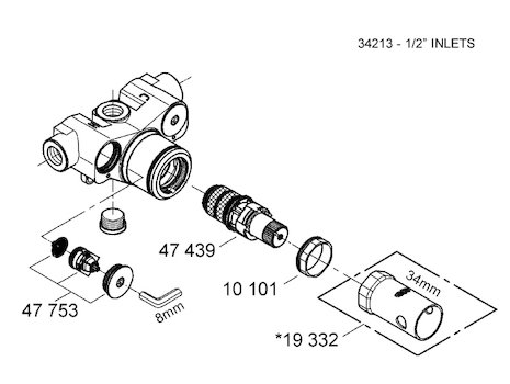 Grohe 1/2" inlet mixing valve spares (34213000) spares breakdown diagram