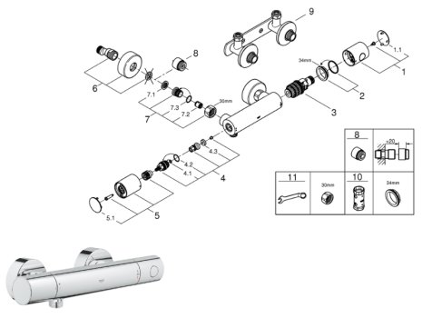 Grohe 1000 Cosmopolitan bar mixer shower only - low pressure (34430000) spares breakdown diagram
