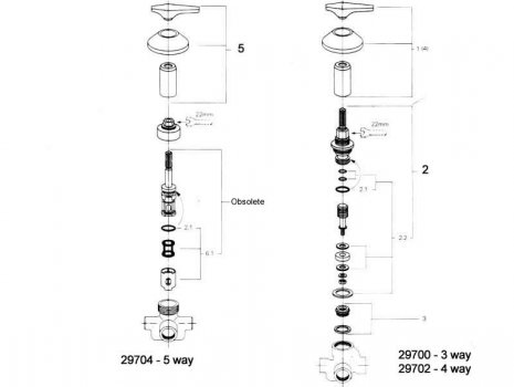Grohe 29700 - 29702 - 29704 diverter valves spares breakdown diagram