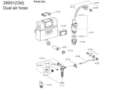 Grohe 38691 Eau2 Old style Dual flush dual air hose (38691000) spares breakdown diagram