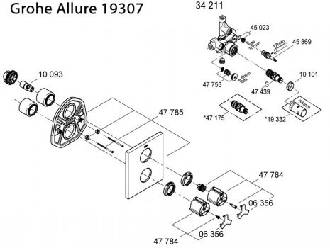 Grohe Allure single outlet 19307 (19307000) spares breakdown diagram