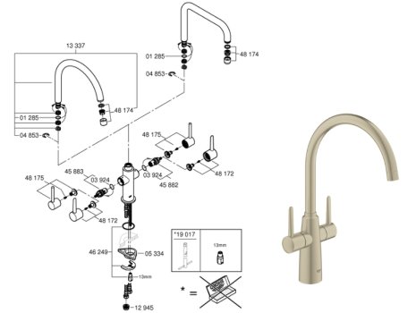 Grohe Ambi Two handle Sink Mixer 1/2″ - Brushed Nickel (30189EN0) spares breakdown diagram