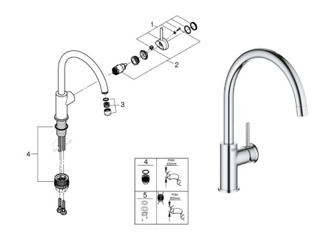 Grohe Bauclassic Single Lever Mixer - Chrome (31234001) spares breakdown diagram