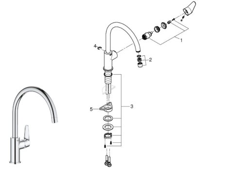 Grohe BauCurve Single Lever Sink Mixer Tap - Chrome (31536001) spares breakdown diagram