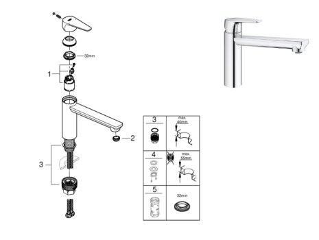 Grohe BauEdge Single Lever Sink Mixer 1/2" - Chrome (31693000) spares breakdown diagram