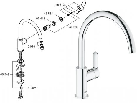 Grohe Bauedge single lever sink mixer - chrome (31367000) spares breakdown diagram