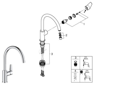 Grohe BauEdge Single Lever Sink Mixer Tap- Chrome (31367001) spares breakdown diagram