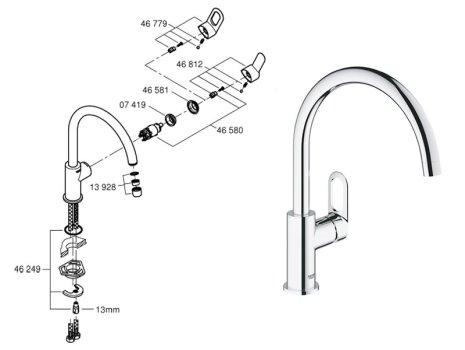 Grohe Bauloop Single Lever Sink Mixer - Chrome (31368000) spares breakdown diagram