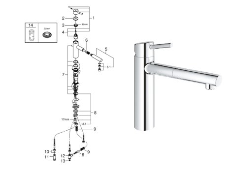Grohe Concetto Pull Out Kitchen Tap 1/2" - Chrome (31214001) spares breakdown diagram