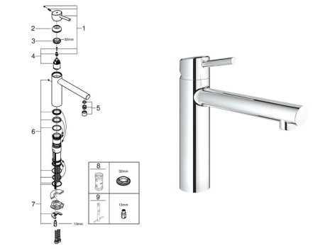 Grohe Concetto Single Lever Sink Mixer 1/2" - Chrome (31128001) spares breakdown diagram