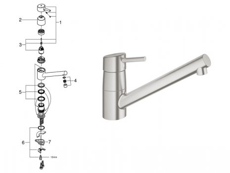 Grohe Concetto Single Lever Sink Mixer 1/2" - Supersteel (32659DC1) spares breakdown diagram