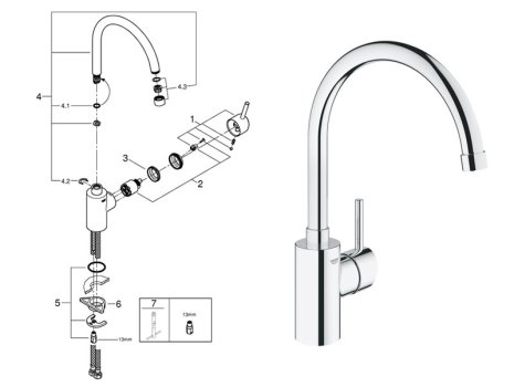 Grohe Concetto Single Lever Sink Mixer 1/2" - Chrome (32661001) spares breakdown diagram