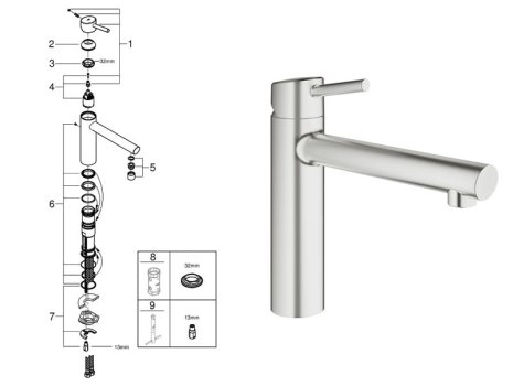 Grohe Concetto Single Lever Sink Mixer 1/2" - Supersteel (31128DC1) spares breakdown diagram