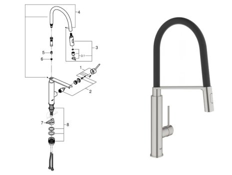 Grohe Concetto Single Lever Sink Mixer 1/2" - Supersteel (31491DC0) spares breakdown diagram