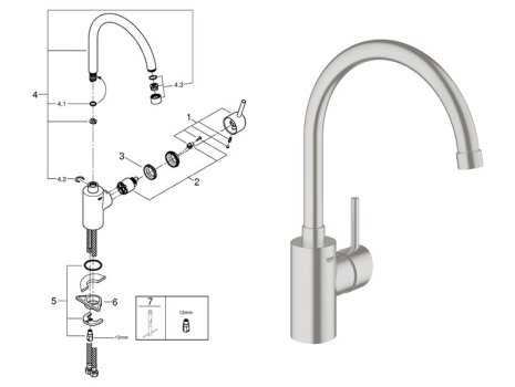 Grohe Concetto Single Lever Sink Mixer 1/2" - Supersteel (32661DC1) spares breakdown diagram