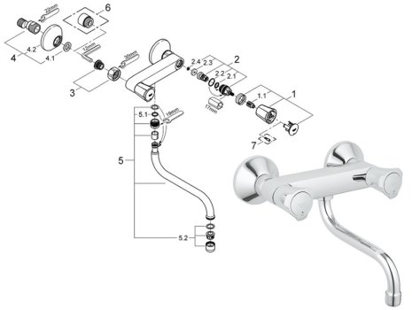 Grohe Costa L Wall Sink Mixer 1/2" - Chrome (31187001) spares breakdown diagram