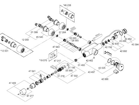 Grohe Eurodisc SE shower valve self closing bottom outlet bar mixer shower (36245000) spares breakdown diagram