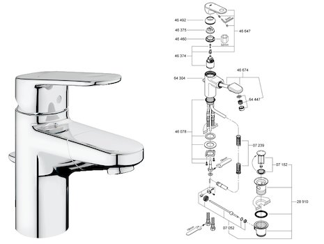 Grohe Europlus Basin mixer 1/2" with pull out spray (33155002) spares breakdown diagram
