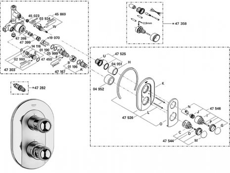 Grohe Europlus mixer shower with flow control (19682000) spares breakdown diagram