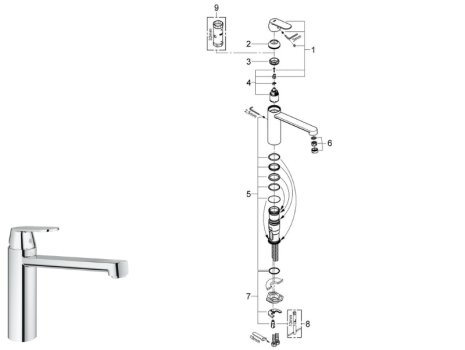Grohe Eurosmart Cosmopolitan Single Lever Sink Mixer Tap - Chrome (30199000) spares breakdown diagram