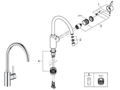 Grohe Eurosmart Cosmopolitan Single Lever Sink Mixer Tap - Chrome (32843002) spares breakdown diagram