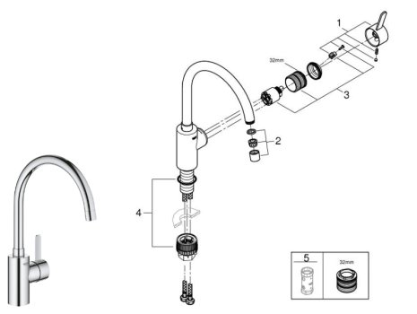 Grohe Eurosmart Cosmopolitan Single Lever Sink Mixer Tap - Chrome (3284320E) spares breakdown diagram