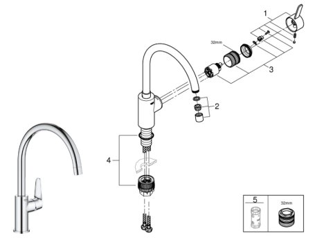 Grohe Eurosmart Cosmopolitan Single Lever Sink Mixer Tap - Chrome (32845002) spares breakdown diagram