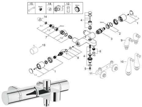 Grohe Grohtherm 1000 thermostatic bath/shower mixer (34448000) spares breakdown diagram