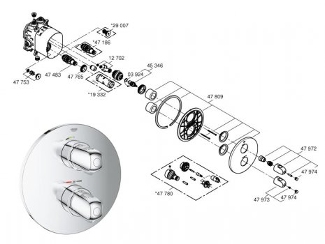 Grohe Grohtherm 1000 thermostatic shower trim - chrome (19984000) spares breakdown diagram