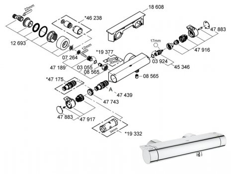 Grohe Grohtherm 2000 new bar mixer shower (34169001) spares breakdown diagram