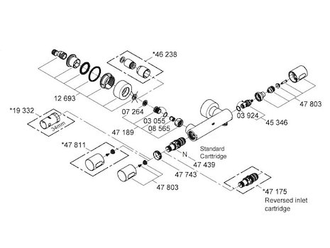 Grohe Grohtherm 3000 Cosmopolitan Cooltouch bar mixer shower (34274000) spares breakdown diagram