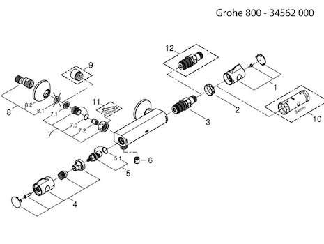 Grohe Grohtherm 800 thermostatic bar shower mixer (34562000) spares breakdown diagram