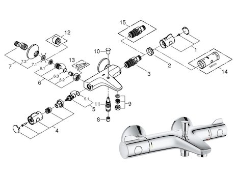 Grohe Grohtherm 800 thermostatic bath/shower mixer (34569000) spares breakdown diagram