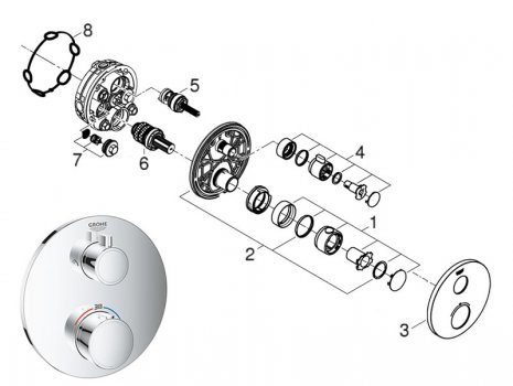 Grohe Grohtherm round shower mixer for 2 outlets with integrated shut off/diverter (24076000) spares breakdown diagram