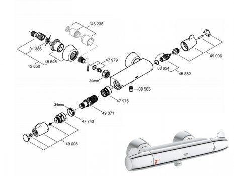 Grohe Grohtherm Special thermostatic bar shower mixer (34725000) spares breakdown diagram