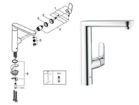 Grohe K7 Single Lever Sink Mixer - 1/2″ - Chrome (32175000) spares breakdown diagram