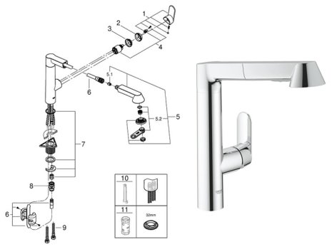 Grohe K7 Single Lever Sink Mixer - 1/2″ - Chrome (32176000) spares breakdown diagram